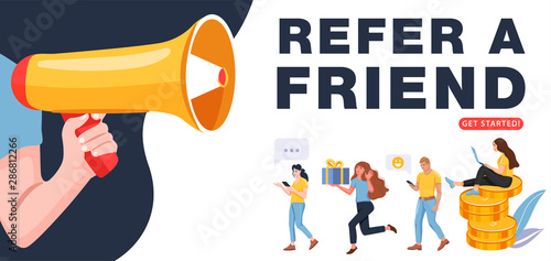 Refer a friend concept. Man with a megaphone invites his friends to referral program. People share info about referral program. Social communication, loyalty program for friends. Vector.