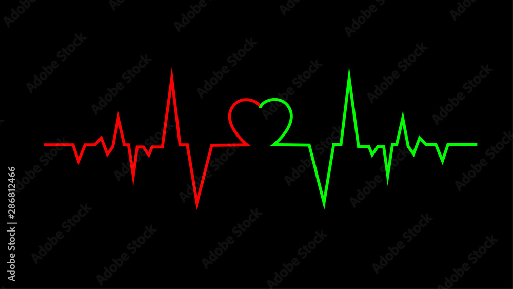  Heart pulse. Red and green colors. Heartbeat lone, cardiogram
