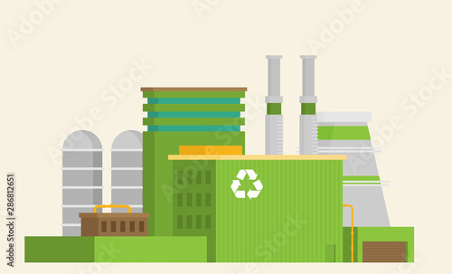 Waste Recycling Concept. Factory Building in Flat.