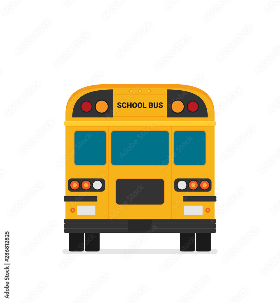 Yellow school bus back view flat illustration on background
