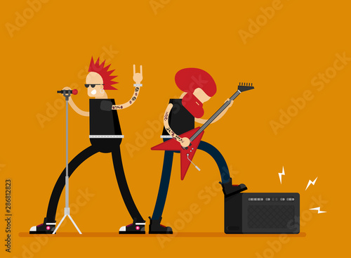 Flat vector brutal cartoon rockers play and sing