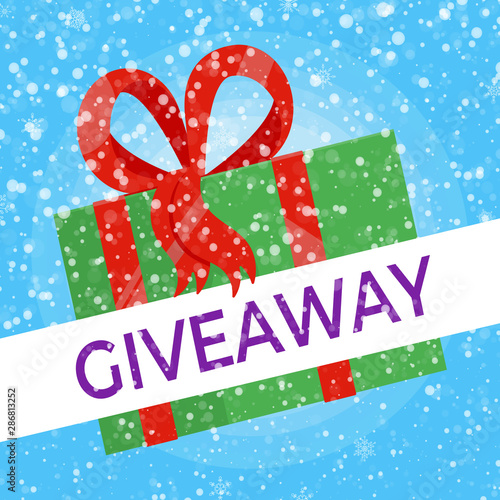 Giveaway winter gift concept for winners in social medias flat style design vector illustration. Internet give away poster for bloggers prize announcement random quizes flyer leflet on snow background