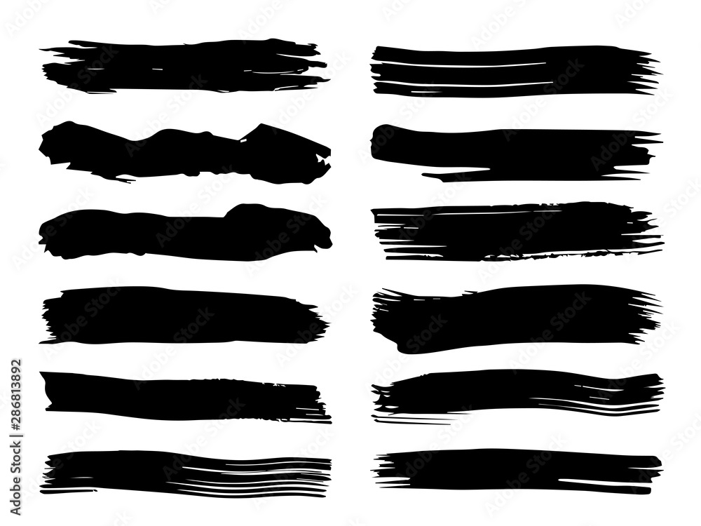 Collection of artistic grungy black paint hand made creative brush stroke set isolated on white background. A group of abstract grunge sketches for design education or graphic art decoration Collection of artistic grungy black paint hand made creative brush stroke set isolated on white background. A group of abstract grunge sketches for design education or graphic art decoration