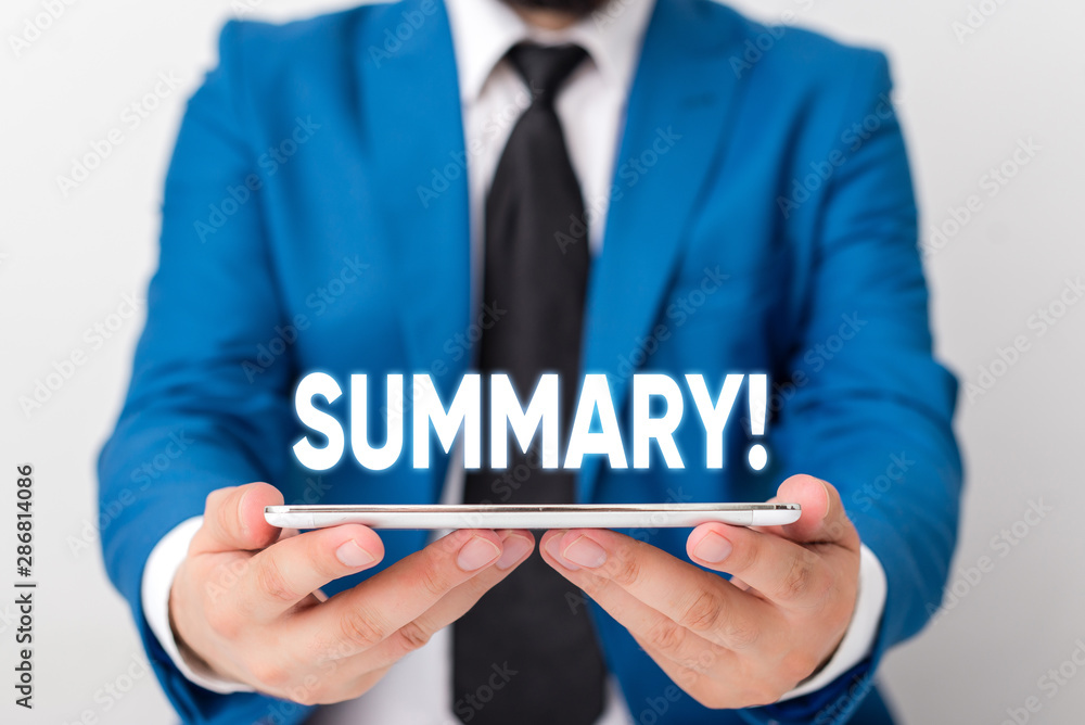 Handwriting text writing Summary. Conceptual photo brief statement or account of main points of something subject Businessman in blue suite with a tie holds lap top in hands Handwriting text writing Summary. Conceptual photo brief statement or account of main points of something subject Businessman in blue suite with a tie holds lap top in hands