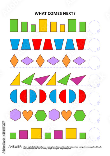 Shapes and colors educational math and logic game. Training sequential pattern recognition skills: What comes next in the sequence? Answer included.