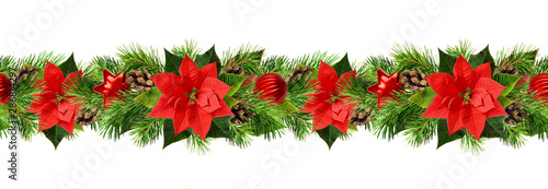 Christmas garland with red pionsettia flowers. Seamless pattern.