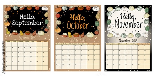 Cute cozy hygge 2019 autumn calendar planner with pumpkins decor, September, October, November