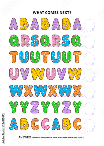 Basic skills practice logic game with alphabet letters. Training sequential pattern recognition skills: What comes next in the sequence? Answer included.