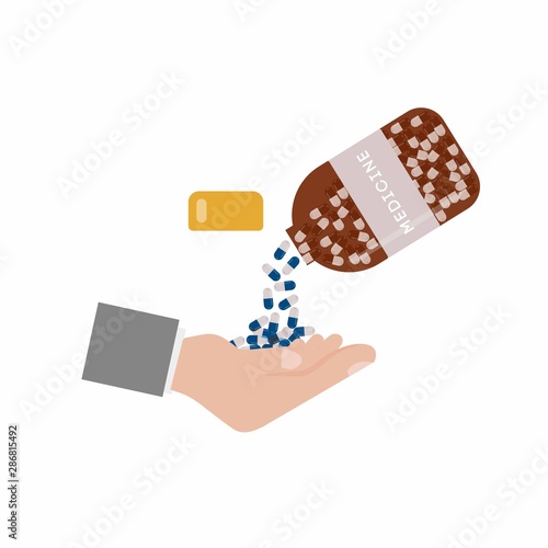 Medicine, pharmacy, hospital set of drugs with labels. Medication, pharmaceutics concept. Vector illustration