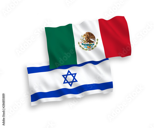 National vector fabric wave flags of Mexico and Israel isolated on white background. 1 to 2 proportion.