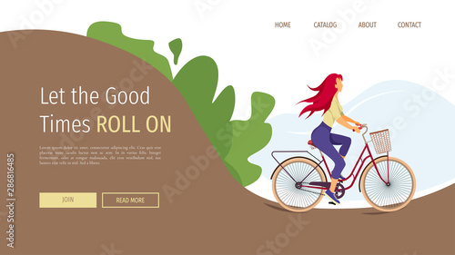 Web page template with young woman riding a bicycle. Healthy Lifestyle, Outdoor, Biking, Cyclists concept. Vector illustration can be used in poster, banner and website development.