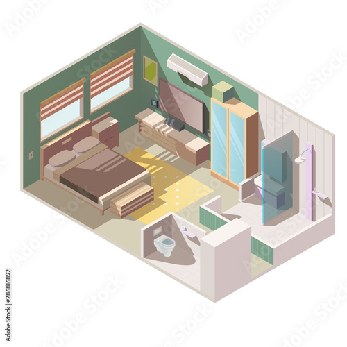 Cozy, single room apartment interior with separate toilet and bathroom shower cabin, double bed, TV set, wardrobe, and yellow carpet on floor cross section, isolated isometric vector illustration © vectorpocket