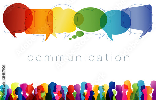 Large isolated group people in profile talking silhouette. Speech bubble. Concept to communicate. Crowd speaks. Social networking. Multi-ethnic people dialogue. Clouds rainbow colors. Talk