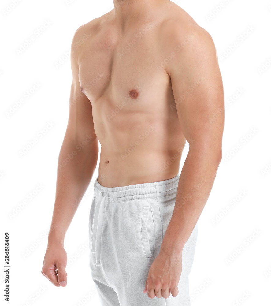 Handsome muscular man on white background. Weight loss concept Handsome muscular man on white background. Weight loss concept