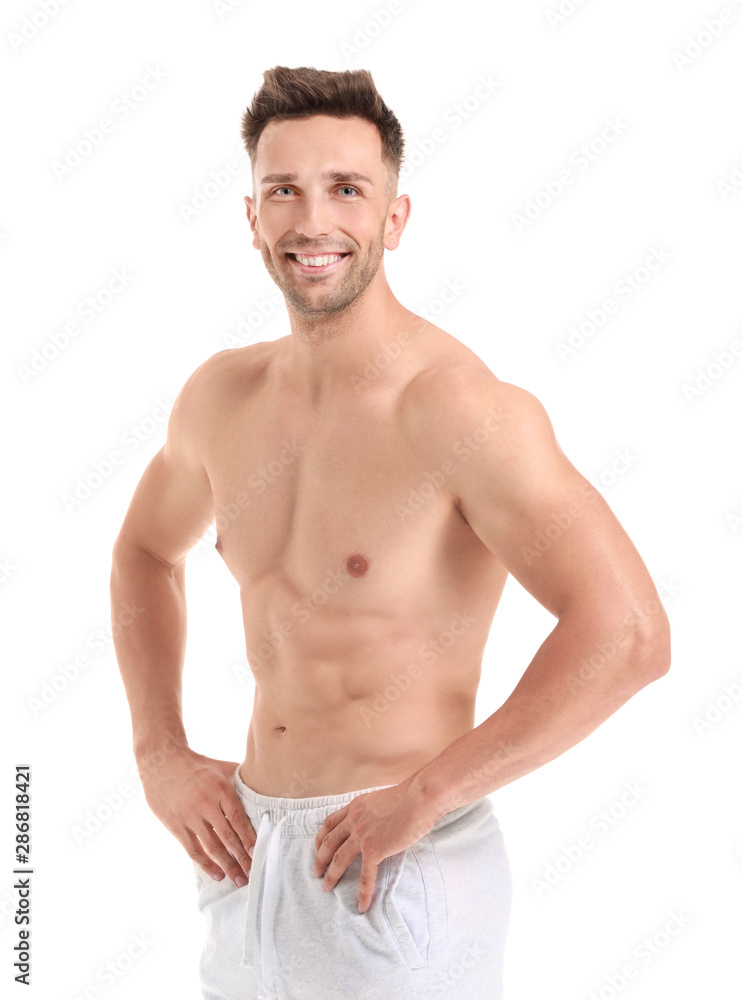 Handsome muscular man on white background. Weight loss concept Handsome muscular man on white background. Weight loss concept