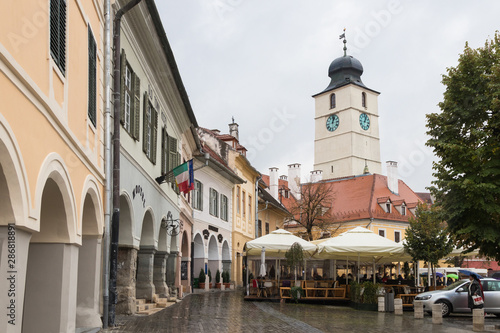 Fragment of Small Square in a rainy day in Sibiu city in Romania