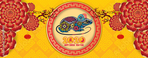 Happy new year 2020 - Year of the Rat. Blossom flower background. Translation Mouse