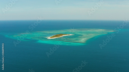 Small tropical island in the blue sea with a coral reef and the beach, top view. Summer and travel vacation concept. Canimeran Island, Balabac, Palawan, Philippines.