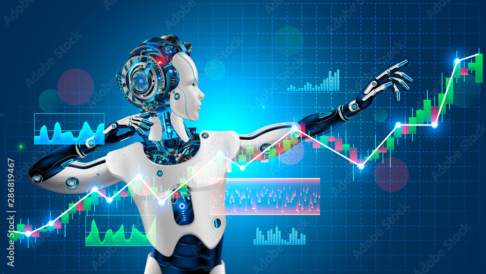 Robot trader assistant on forex market. Automated trading system. Software of stock market. Advisor with artificial of exchange business. AI technology of analysis investment fund data. vector de Adobe
