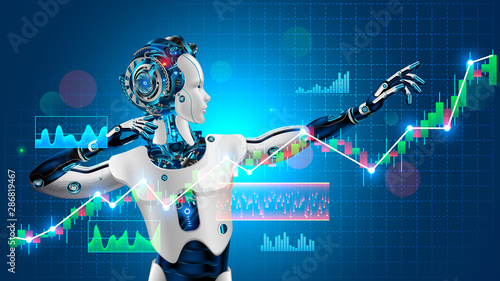 Robot trader assistant on forex market. Automated trading system. Software of stock market. Advisor with artificial intelligence of exchange business. AI technology of analysis investment fund data.