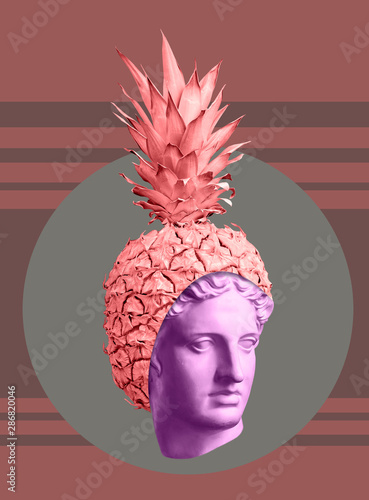 Modern conceptual art poster with ancient statue of bust and pineapple. Colla...