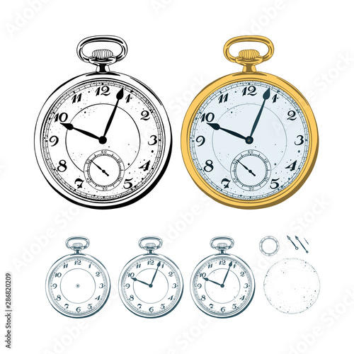 Pocket watch. Hand drawn vintage pocket watch illustrations set. Easy editable arrows. 