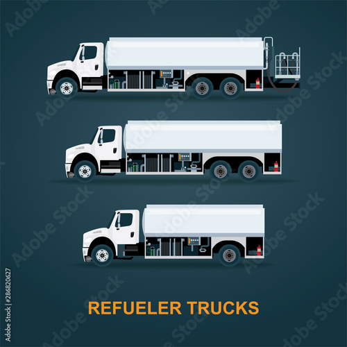 Tank truck. Aircraft tanker truck set. Airplane maintenance service. Airport tank truck refueler. Tank cars illustration set.