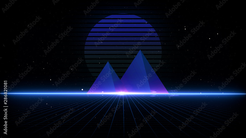 Future Retro Sci-Fi Background Futuristic landscape of the 80`s. Digital Cyber Surface. Suitable for design in the style of the 1980`s. 3D illustration