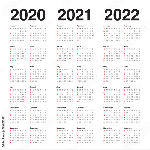 Year 2020 2021 2022 calendar vector design template