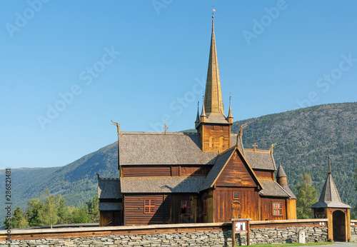 Wooden church Lomskyrkja in Lom, Norway, one of the biggest stave churches in Norway. Church dates back to 1158-59.