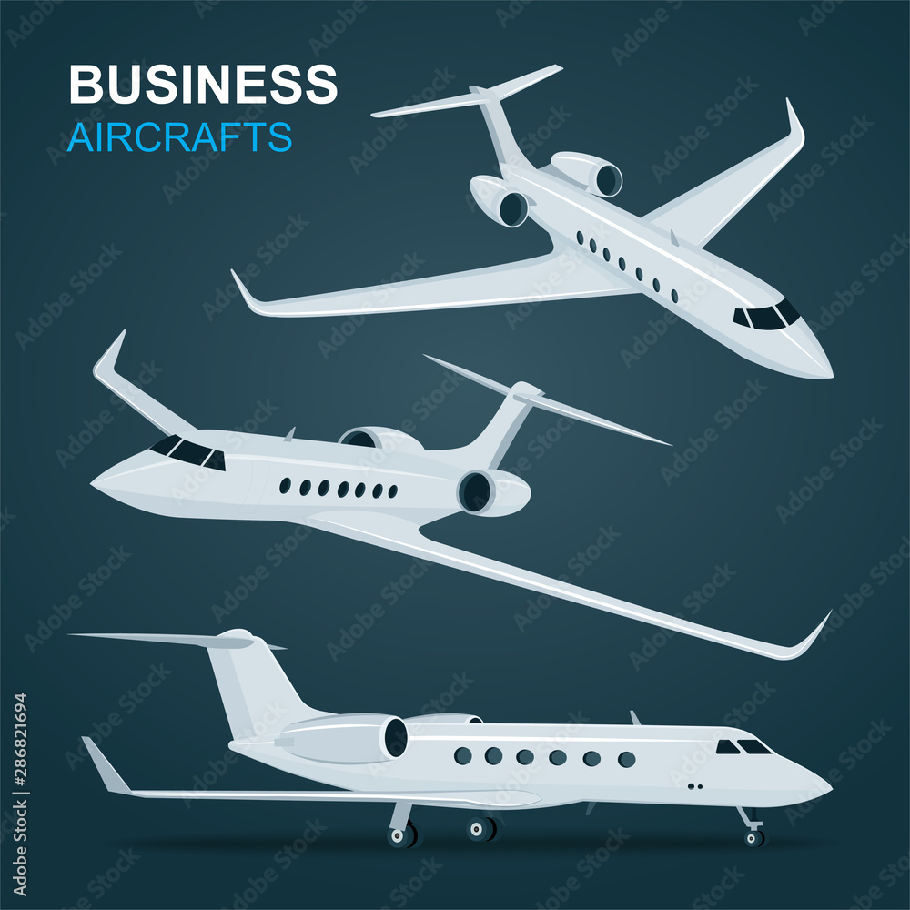Airplane. Business aircraft vector illustrations set. Passenger aircraft isometric graphic. Part of set.