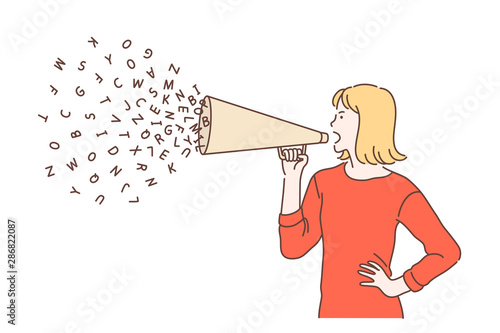Promotion, advance, campaign concept. Emotional woman using megaphone for advertising or digital marketing. Feminist girl speaking loudly in the megaphone. Vector flat design.