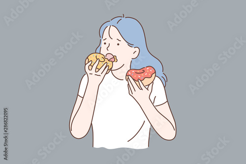 Healthy diet or junk food concept. Portrait of young depressed girl eating donuts. Vector flat design.