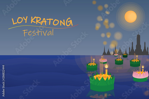 floating flowers loy kratong thailand festival full super moon background night and temple scene celebration culture with copy space
