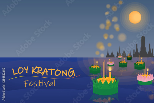 floating flowers loy kratong thailand festival full super moon background night and temple scene celebration culture with copy space