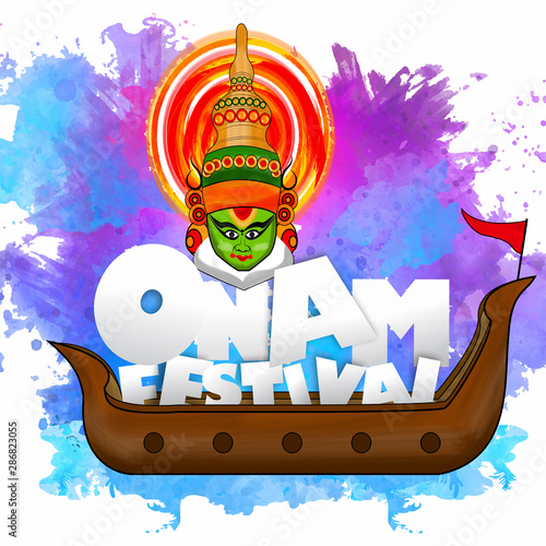 illustration of colorful Kathakali dancer on brush background for Happy Onam festival of South India Kerala_Vector, illustration. photo