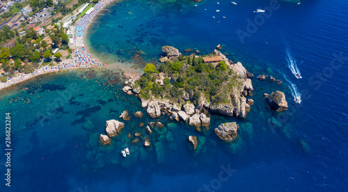 Isola Bella at Taormina in Sicily- Italy, aerial view