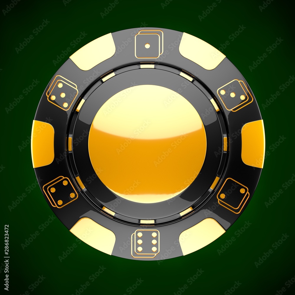 Casino chip. Classic casino game 3D token. Gambling concept, black poker chips with golden design elements. Casino chip. Classic casino game 3D token. Gambling concept, black poker chips with golden design elements.