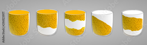Set of chia seed mango puddings. Healthy vegan snack in glass with whipped cream. Vector illstration isolated on gray background.