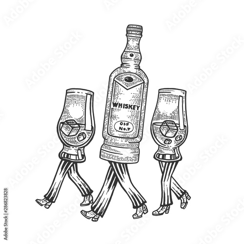 Whiskey alcohol bottle with ice and glasses walks on its feet sketch engraving vector illustration. Tee shirt apparel print design. Scratch board style imitation. Black and white hand drawn image.