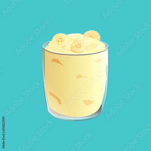 Banana pudding. Healthy vegan snack in glass. Homemade cuisine. Vector illstration isolated on blue background.