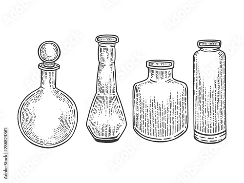 Chemical laboratory flasks sketch engraving vector illustration. Scratch board style imitation. Black and white hand drawn image.