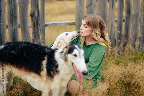 beautiful girl in a dress on nature with Russian greyhound dogs photo