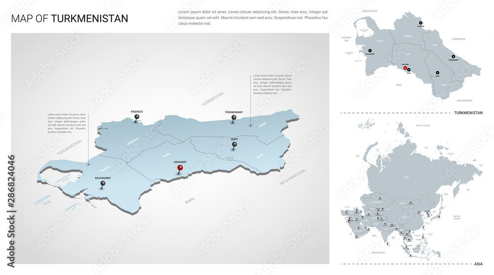 Vector set of Turkmenistan country.  Isometric 3d map, Turkmenistan map, Asia map - with region, state names and city names.