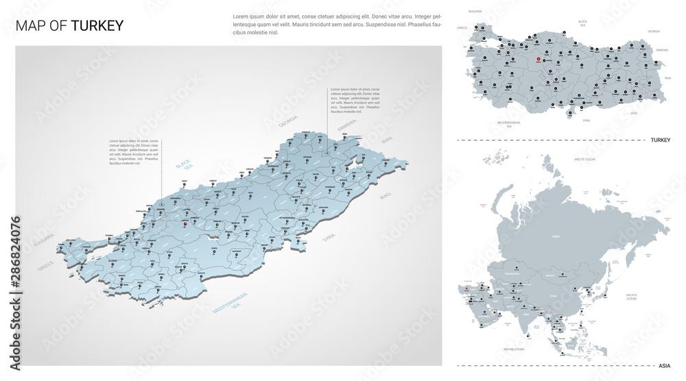 Vector set of Turkey country. Isometric 3d map, Turkey map, Asia map