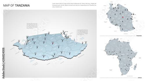 Vector set of Tanzania country.  Isometric 3d map, Tanzania map, Africa map - with region, state names and city names.