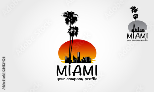 Miami beach Vector Logo Illustration in classic style with sea, building, sun. Scenic sunset on tropical beach with palm trees. 