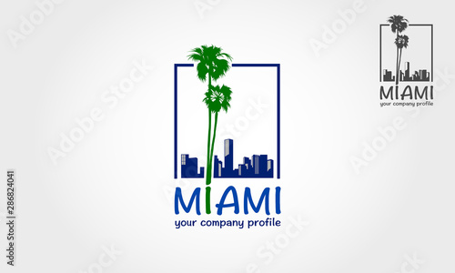 Miami beach vector logo on tropical beach with palm trees. In silhouette style with beach, palm tree and buildings vector illustration.