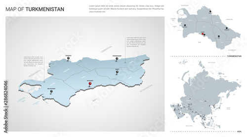Vector set of Turkmenistan country. Isometric 3d map, Turkmenistan map, Asia map - with region, state names and city names.