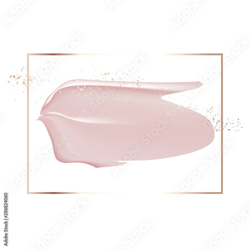 Tender soft smudged cosmetics natural shape. Delicate pink rose gold foil powder, gold brush strokes on a white background. Watercolor abstract beauty blush